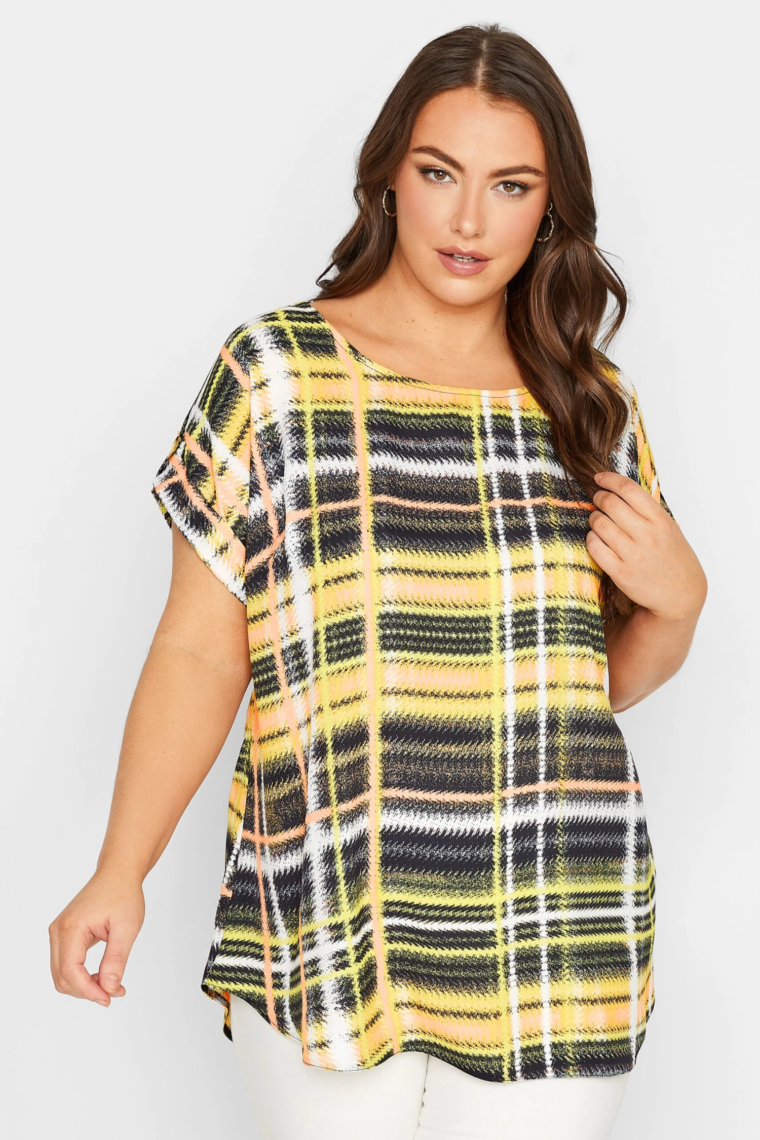 YOURS Curve Yellow Check Print Tab Sleeve Blouse 6 YOURS Curve Yellow Check Print Tab Sleeve Blouse - Image 6