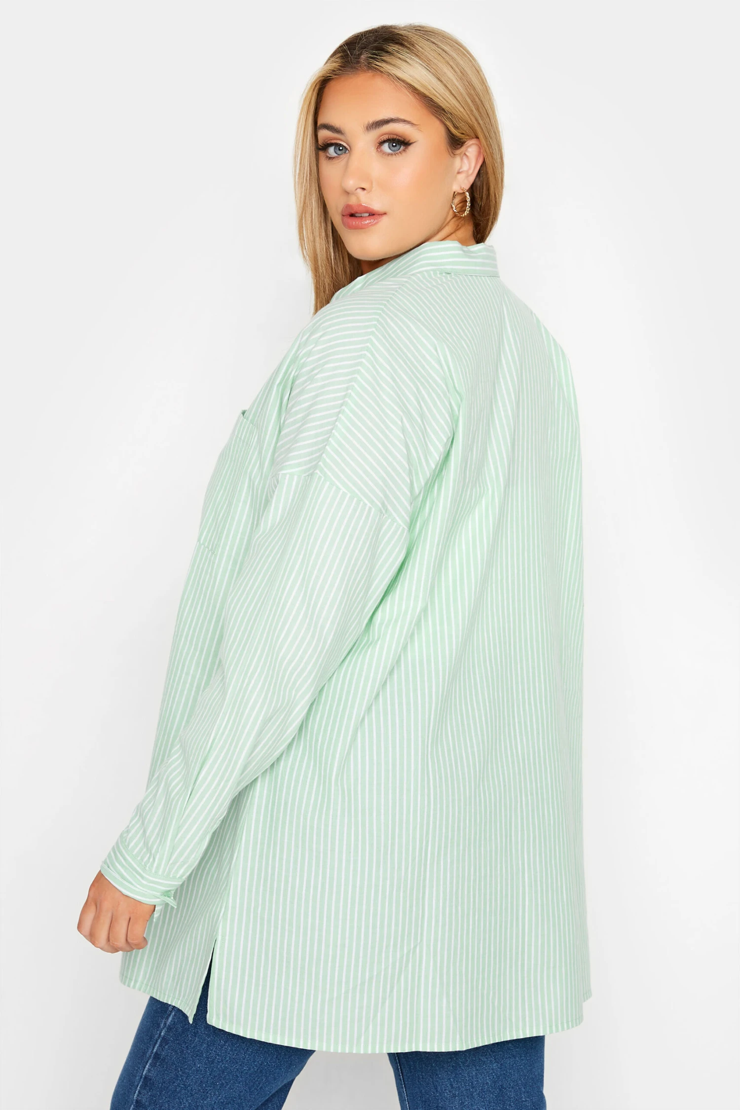 YOURS FOR GOOD Curve Sage Green Stripe Oversized Shirt 2 YOURS FOR GOOD Curve Sage Green Stripe Oversized Shirt - Image 2