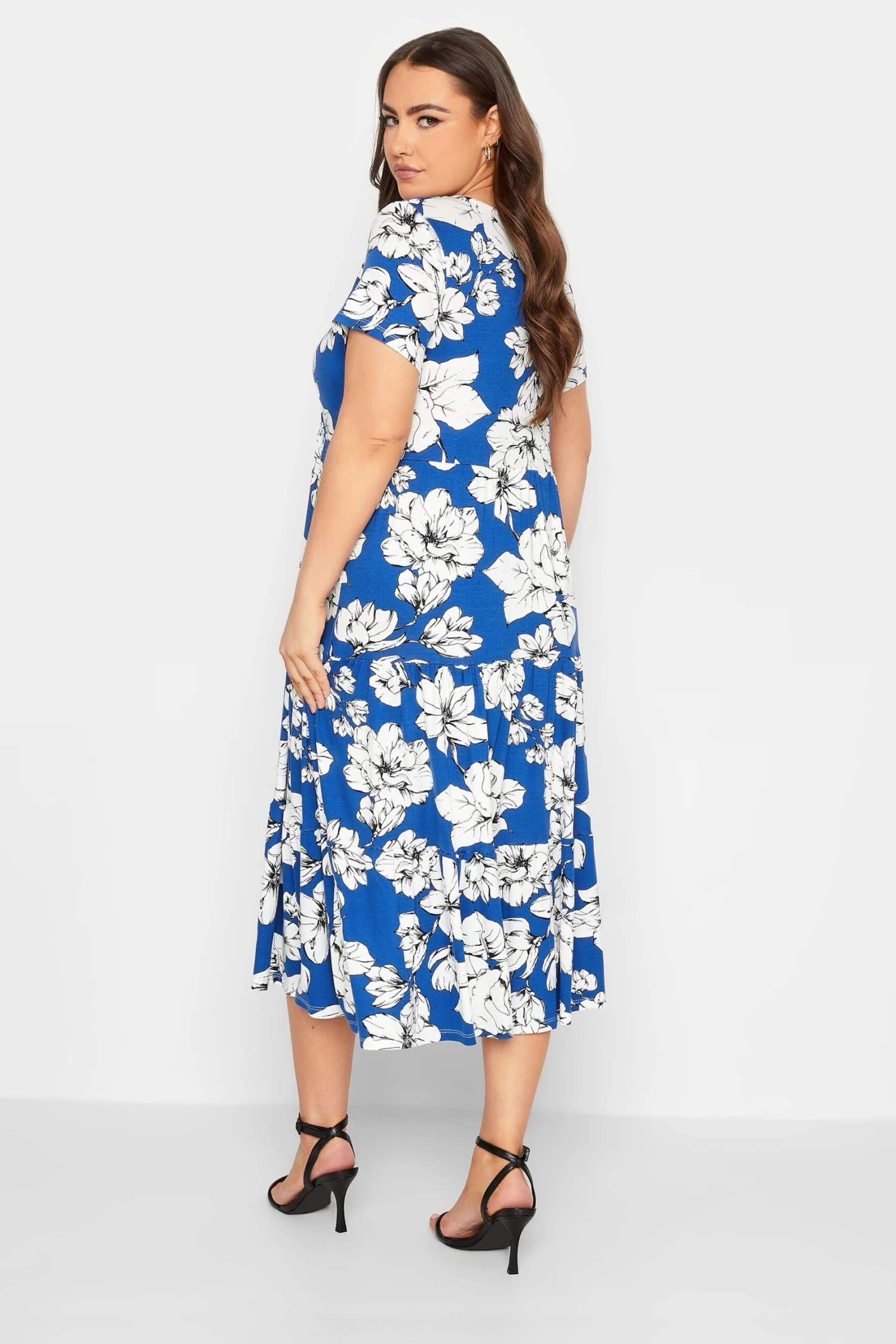 YOURS Curve Cobalt Blue Floral V-Neck Tiered Wrap Dress 2 YOURS Curve Cobalt Blue Floral V-Neck Tiered Wrap Dress - Image 2