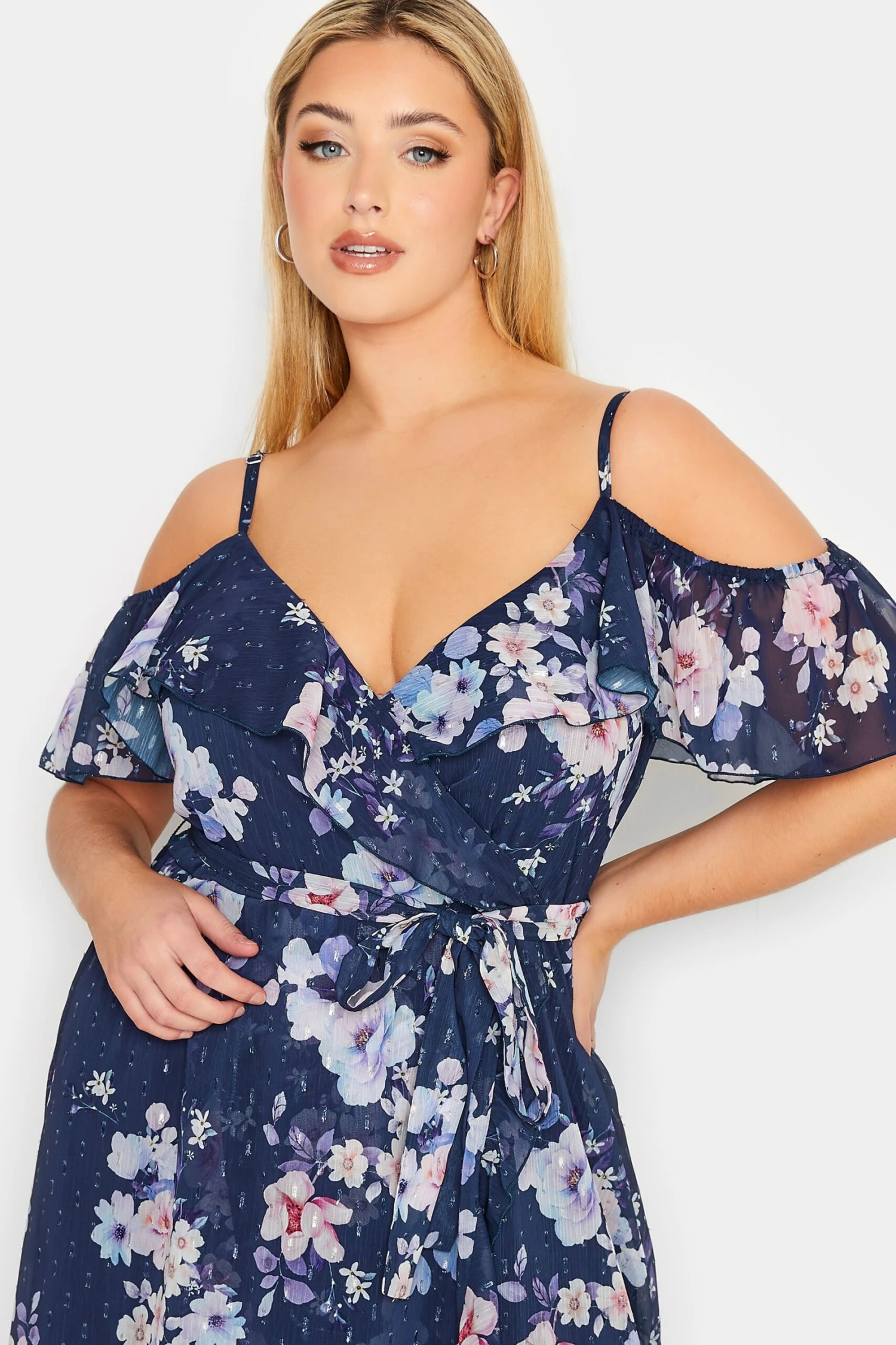 YOURS LONDON Curve Blue Floral Cold Shoulder Wrap Dress 3 YOURS LONDON Curve Blue Floral Cold Shoulder Wrap Dress - Image 3