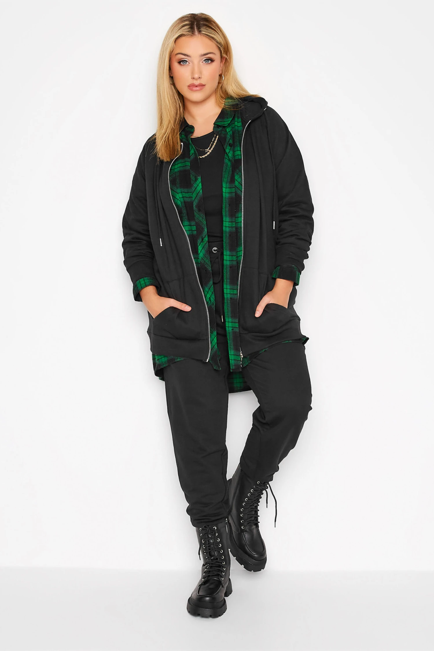 YOURS Curve Green & Black Check Brushed Boyfriend Shirt 1 YOURS Curve Green & Black Check Brushed Boyfriend Shirt