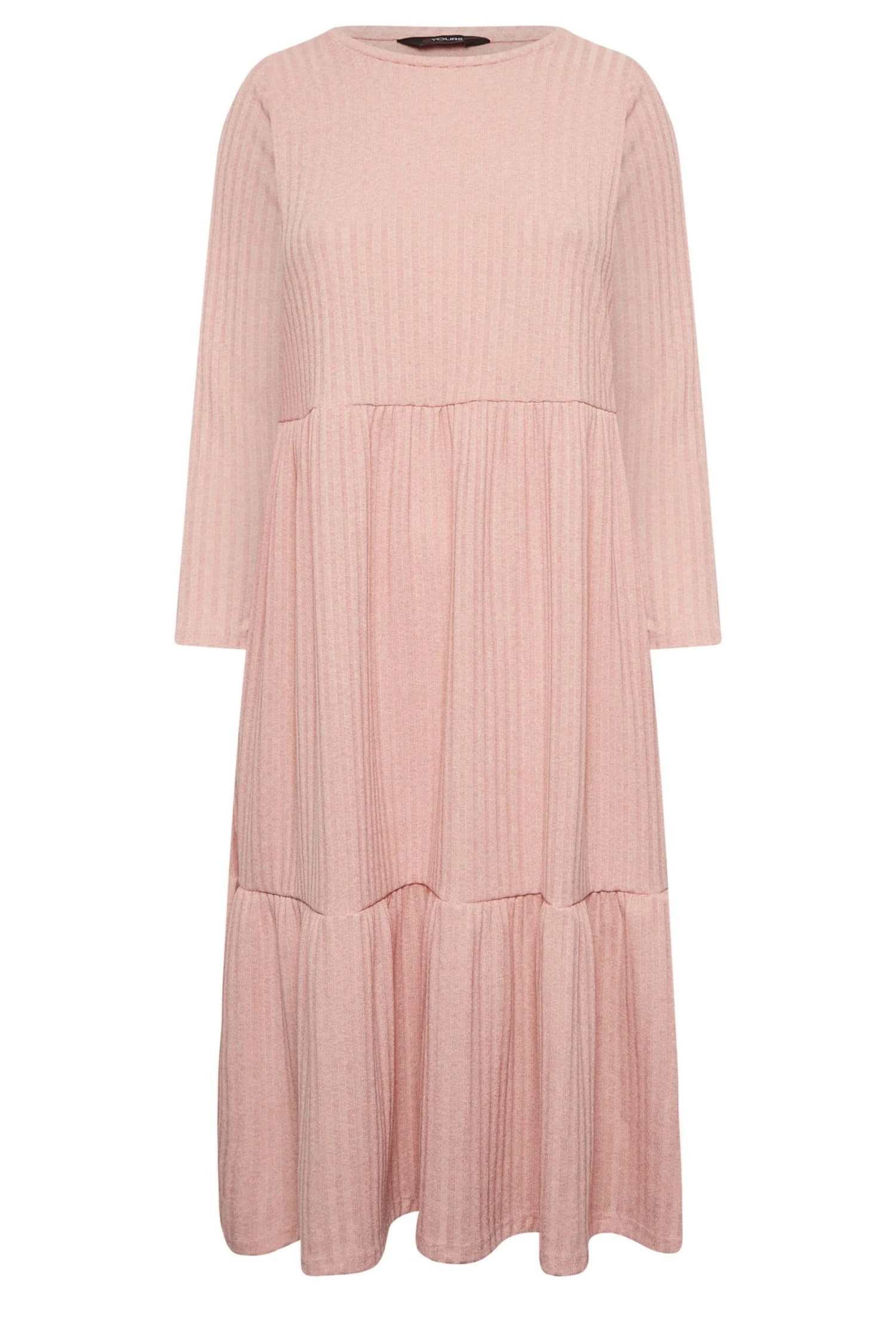 YOURS Curve Pink Ribbed Tiered Midi Dress 5 YOURS Curve Pink Ribbed Tiered Midi Dress - Image 5