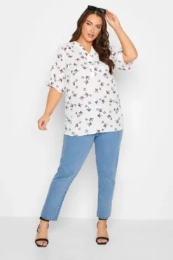YOURS Curve White Bird Print V-Neck Blouse