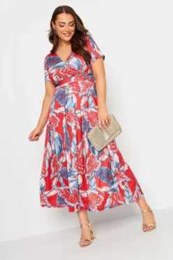YOURS Curve Red Leaf Print Maxi Wrap Dress