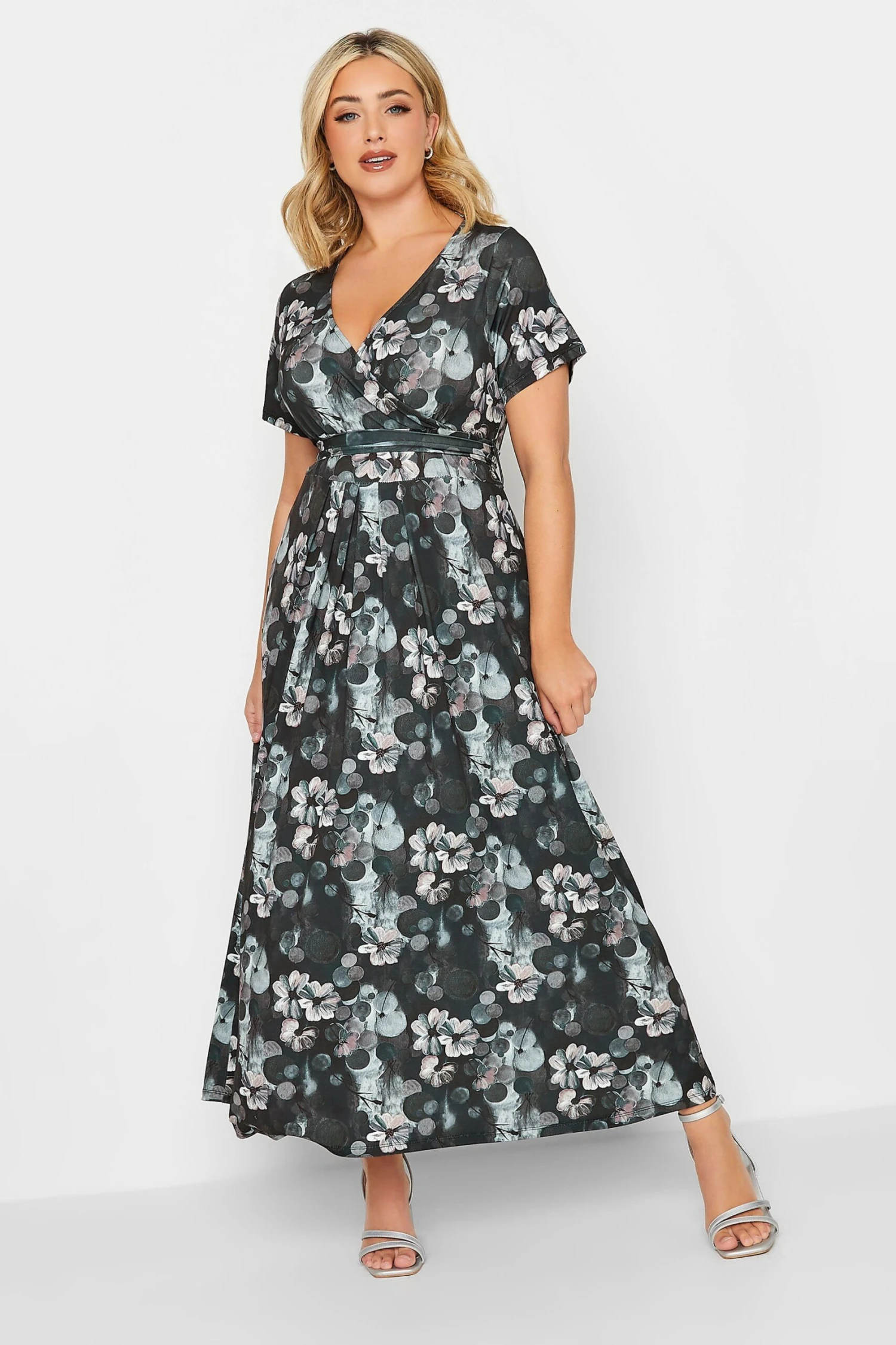 YOURS Curve Black V-Neck Floral Wrap Dress 1 YOURS Curve Black V-Neck Floral Wrap Dress