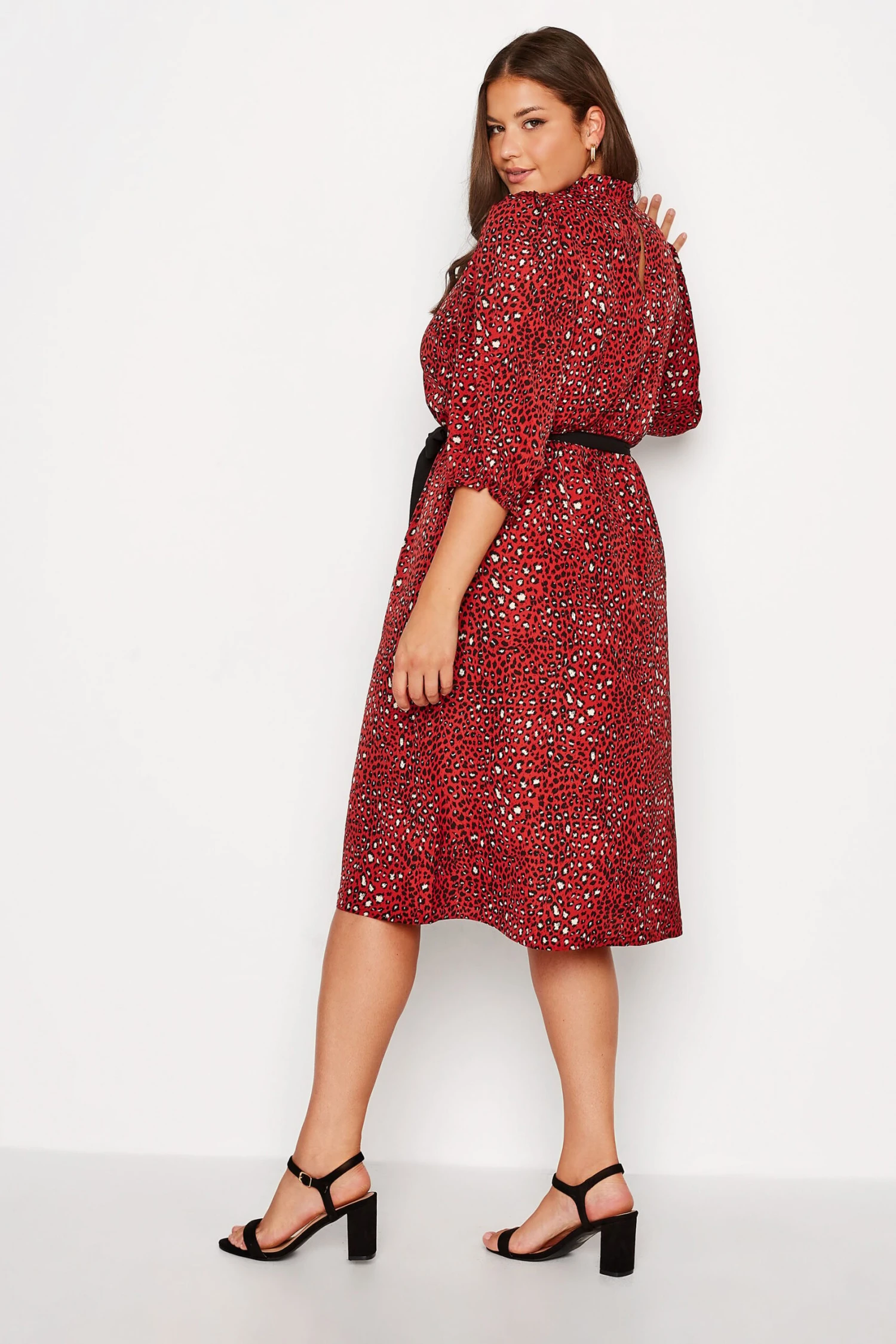 YOURS LONDON Curve Red Animal Print Ruffle Neck Dress 2 YOURS LONDON Curve Red Animal Print Ruffle Neck Dress - Image 2