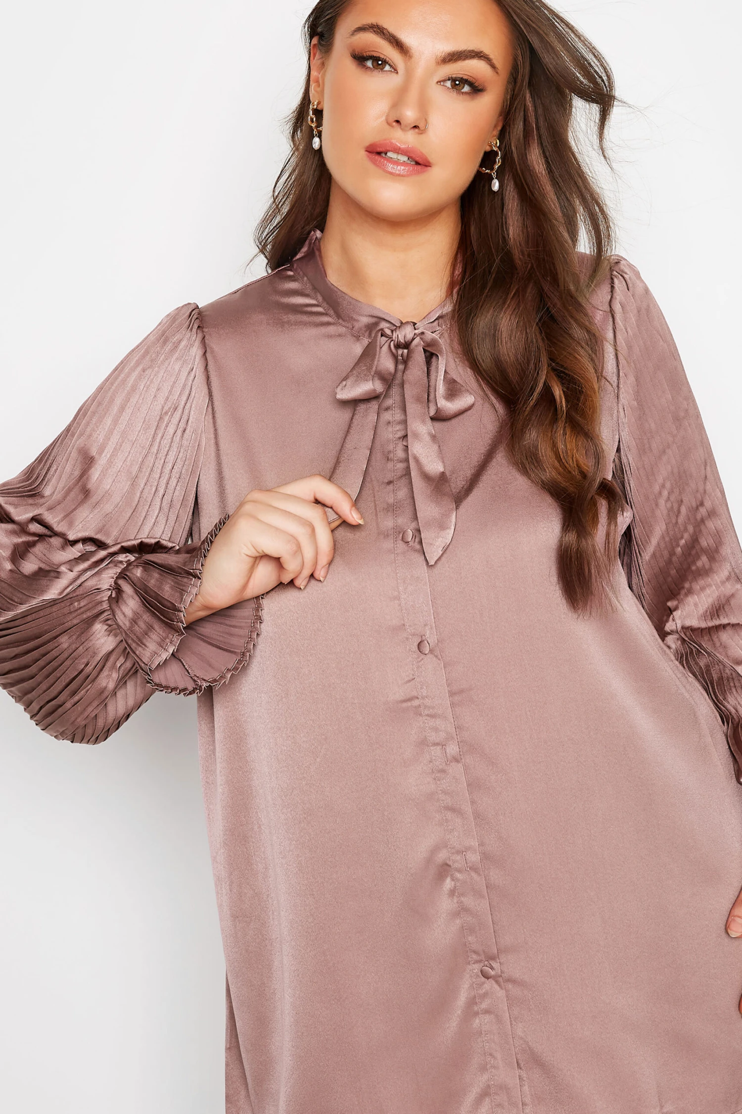 YOURS LONDON Curve Pink Satin Pleated Bow Blouse 3 YOURS LONDON Curve Pink Satin Pleated Bow Blouse - Image 3