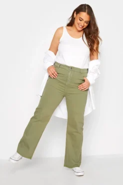 YOURS Curve Khaki Green Stretch Wide Leg Jeans