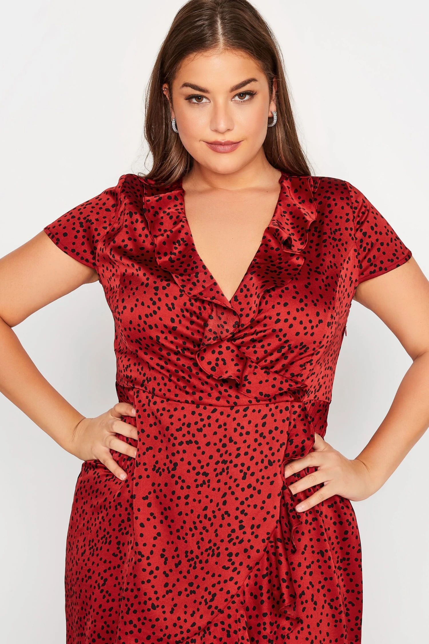 YOURS LONDON Curve Dark Red Dalmatian Satin Wrap Dress 3 YOURS LONDON Curve Dark Red Dalmatian Satin Wrap Dress - Image 3