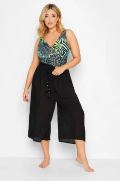 YOURS Curve Black Tassel Detail Wide Leg Beach Culottes