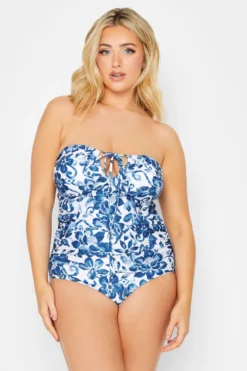 YOURS Curve Blue Floral Print Cross Tummy Control Swimsuit