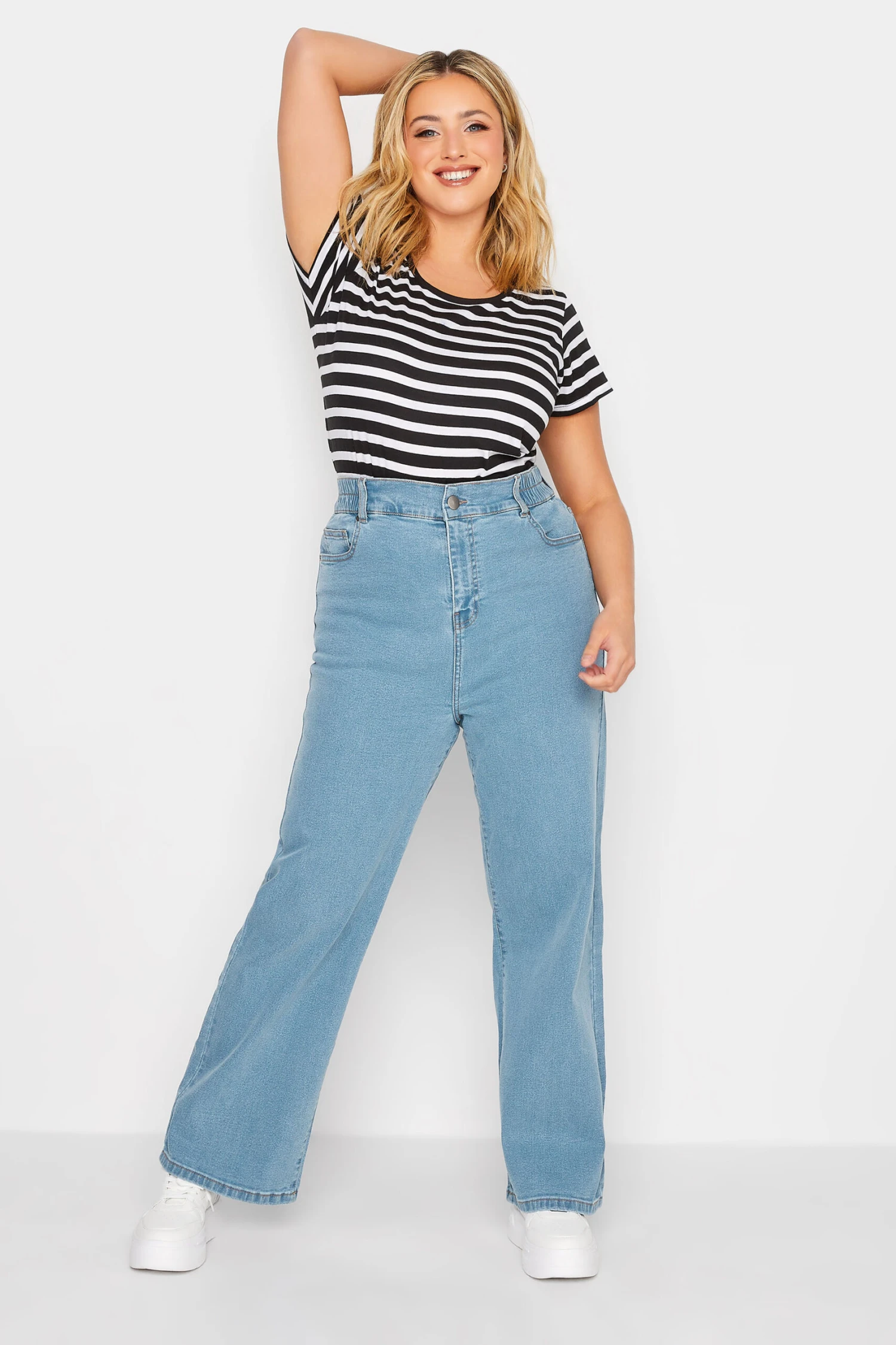 YOURS Curve Light Blue Elasticated Waist Stretch Wide Leg Jeans 1 YOURS Curve Light Blue Elasticated Waist Stretch Wide Leg Jeans