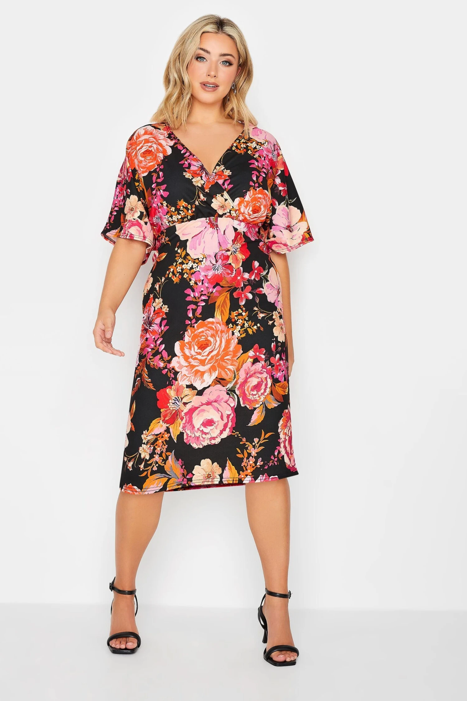 YOURS PETITE Curve Black Floral Wrap Midi Dress 1 YOURS PETITE Curve Black Floral Wrap Midi Dress