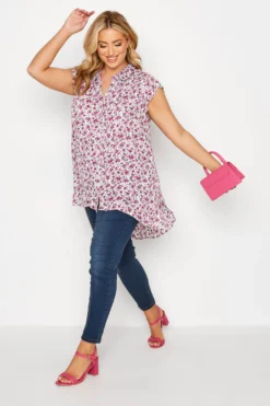 YOURS Curve White Ditsy Print Cap Sleeve Dipped Hem Shirt