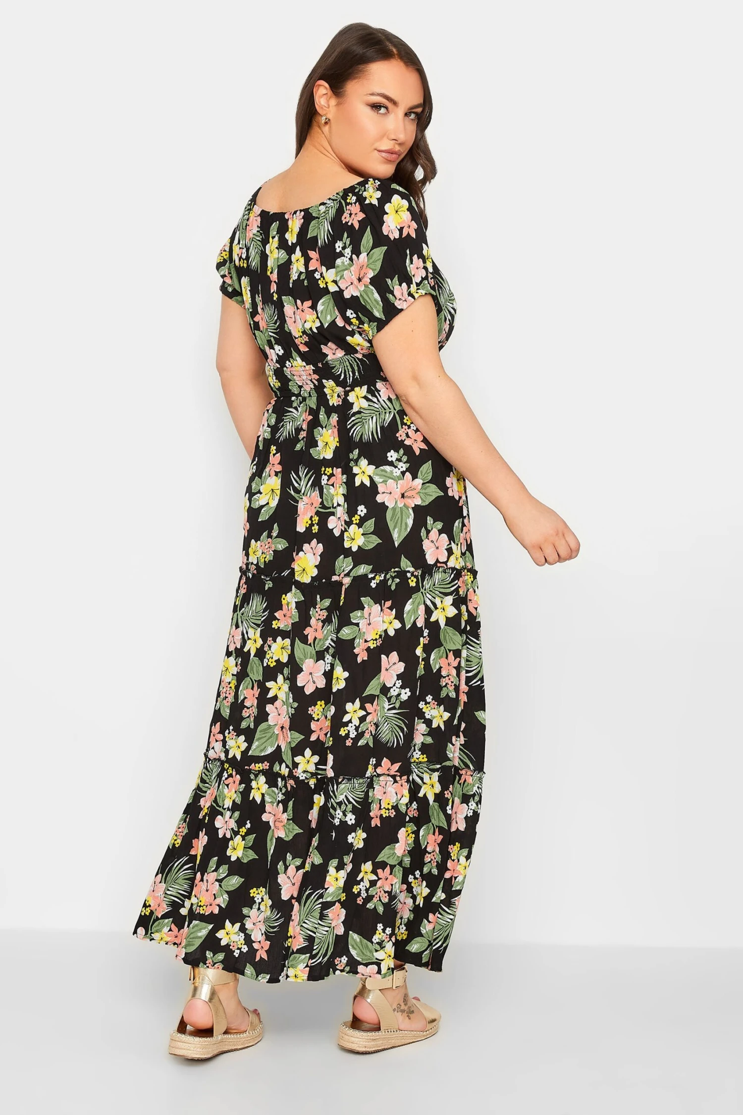 YOURS Curve Black Tropical Print Bardot Maxi Dress 2 YOURS Curve Black Tropical Print Bardot Maxi Dress - Image 2