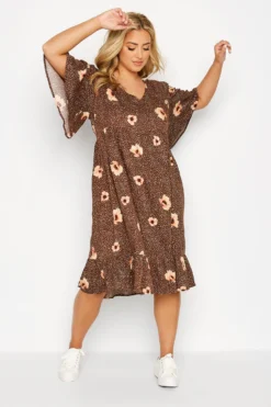 YOURS Curve Brown Floral Flare Sleeve Midi Dress