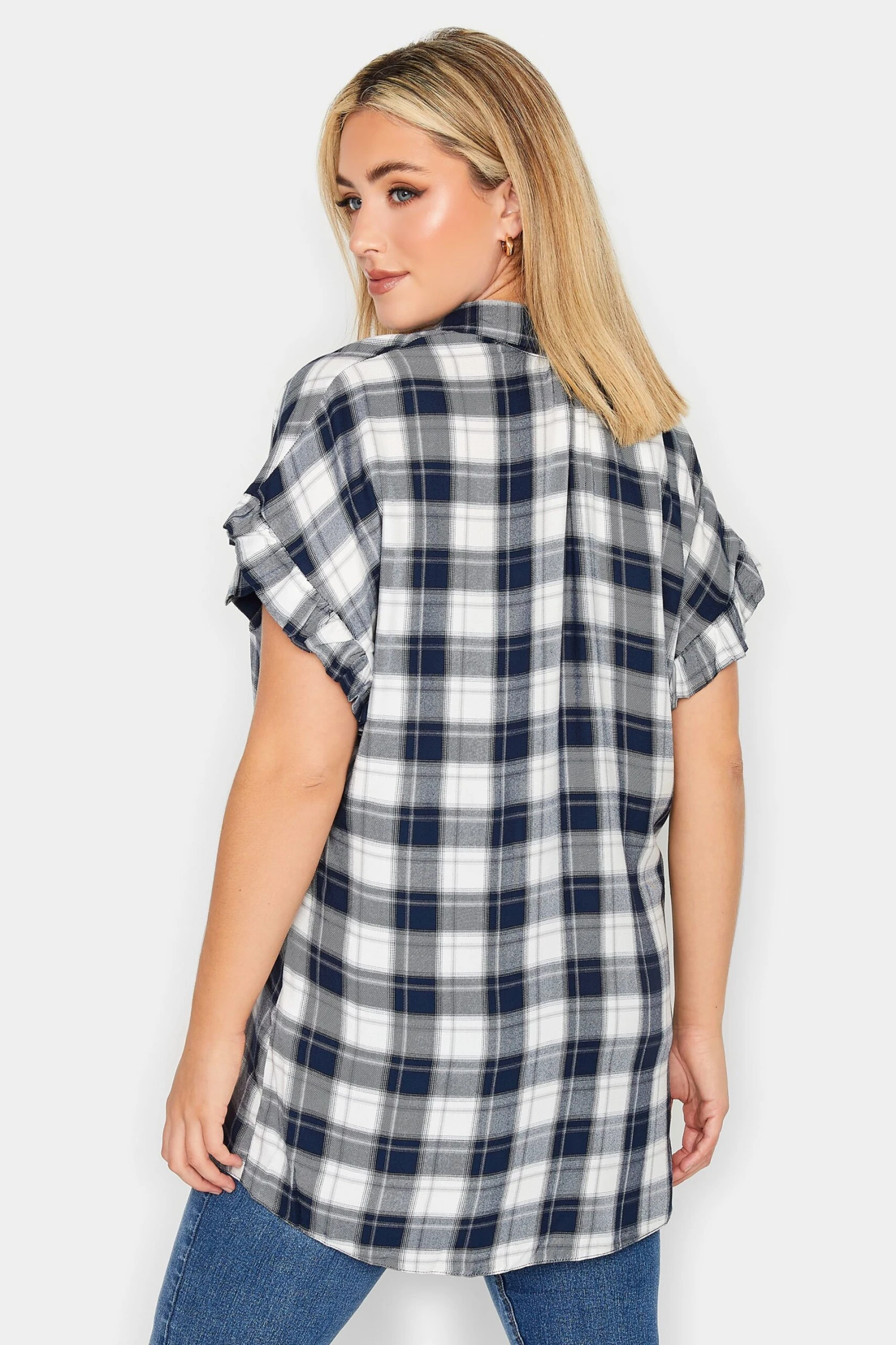 YOURS Curve Navy Blue Check Print Frill Sleeve Collared Shirt 2 YOURS Curve Navy Blue Check Print Frill Sleeve Collared Shirt - Image 2