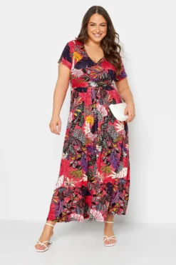 YOURS Curve Hot Pink Leaf Print Wrap Maxi Dress