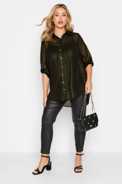 YOURS Curve Black & Gold Shimmer Button Through Shirt