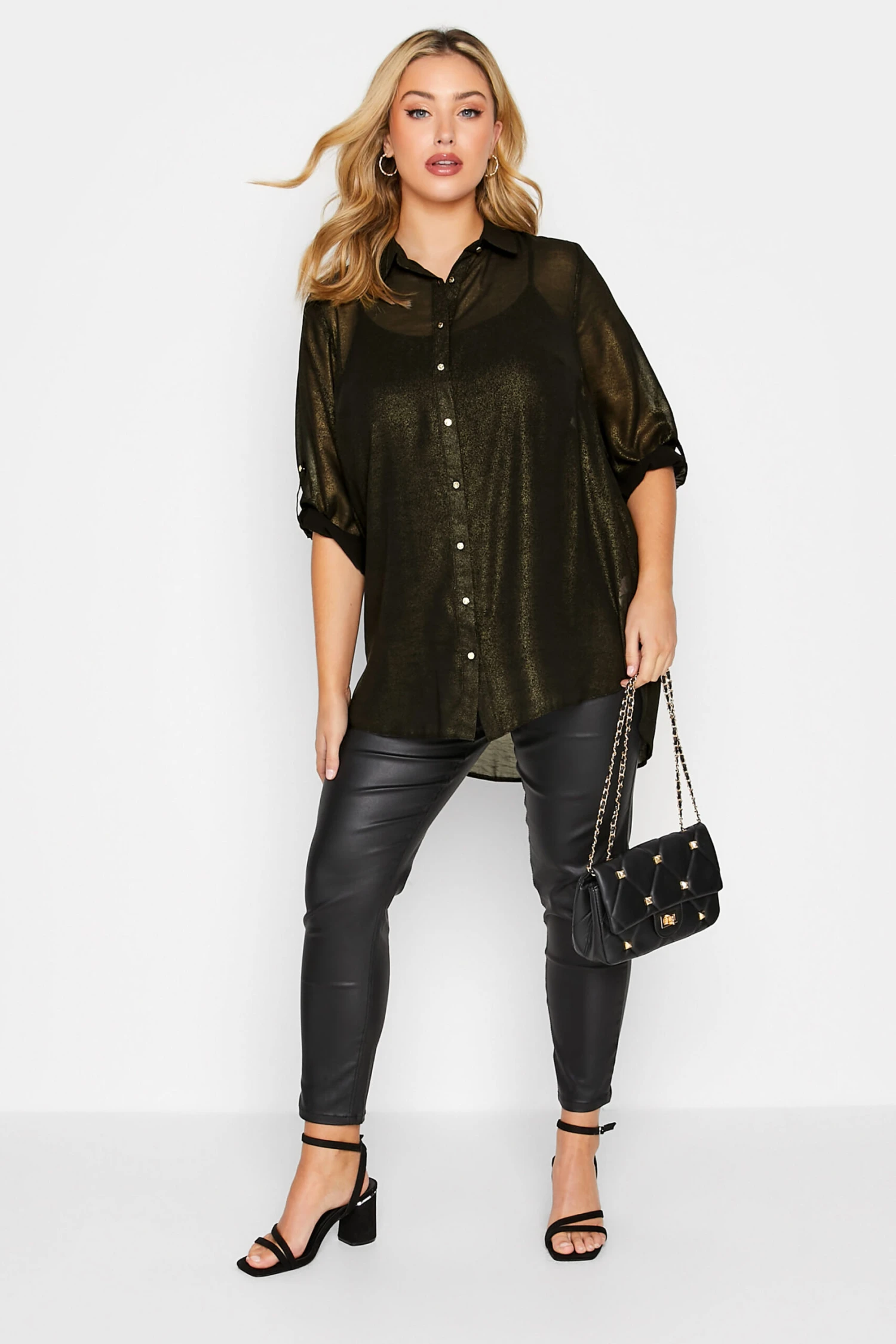 YOURS Curve Black & Gold Shimmer Button Through Shirt 1 YOURS Curve Black & Gold Shimmer Button Through Shirt