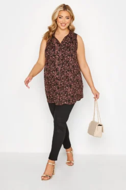 YOURS Curve Black & Red Floral Print Sleeveless Frill Swing Blouse