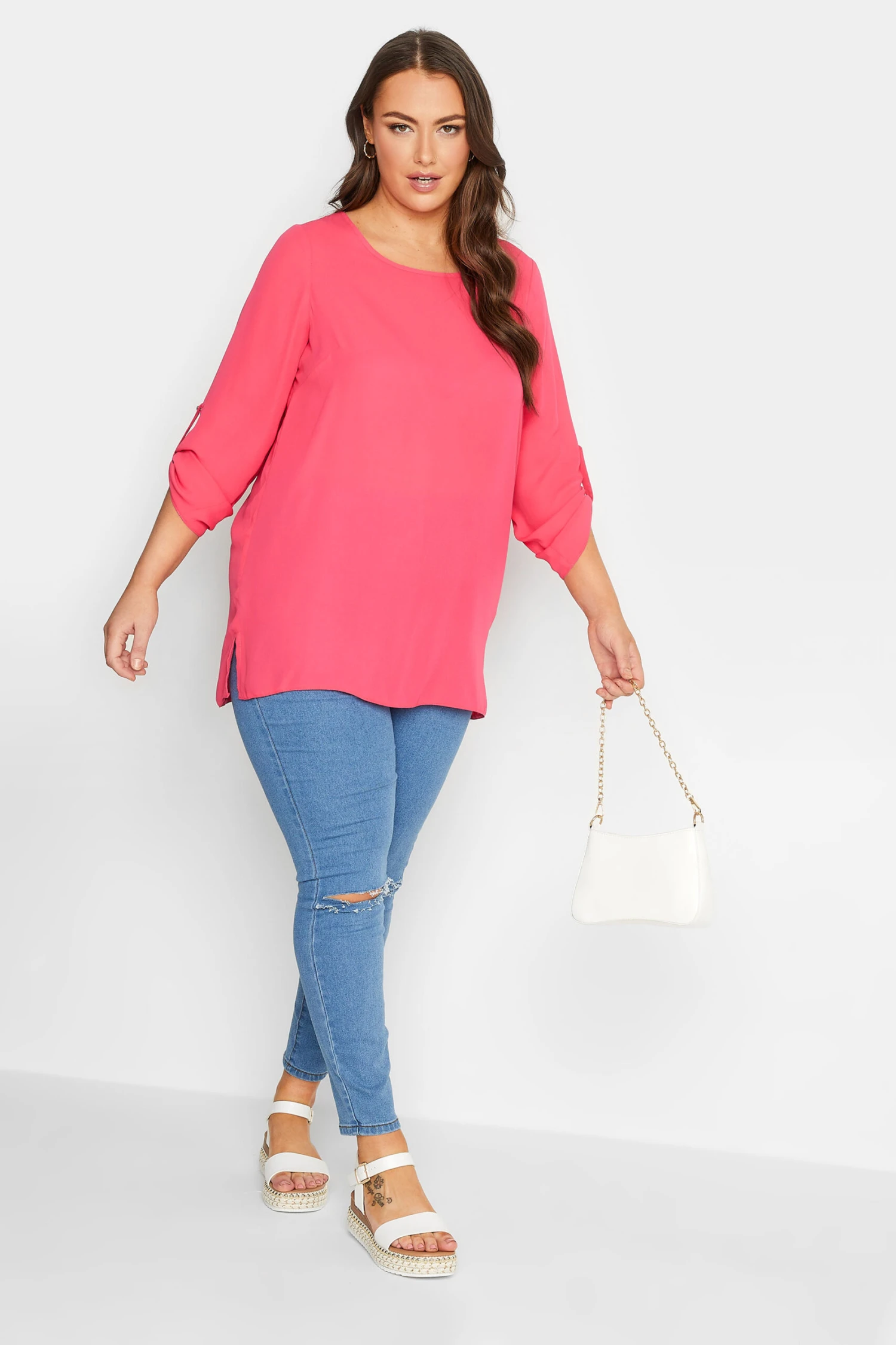 YOURS Curve Bright Pink Tab Sleeve Blouse 1 YOURS Curve Bright Pink Tab Sleeve Blouse