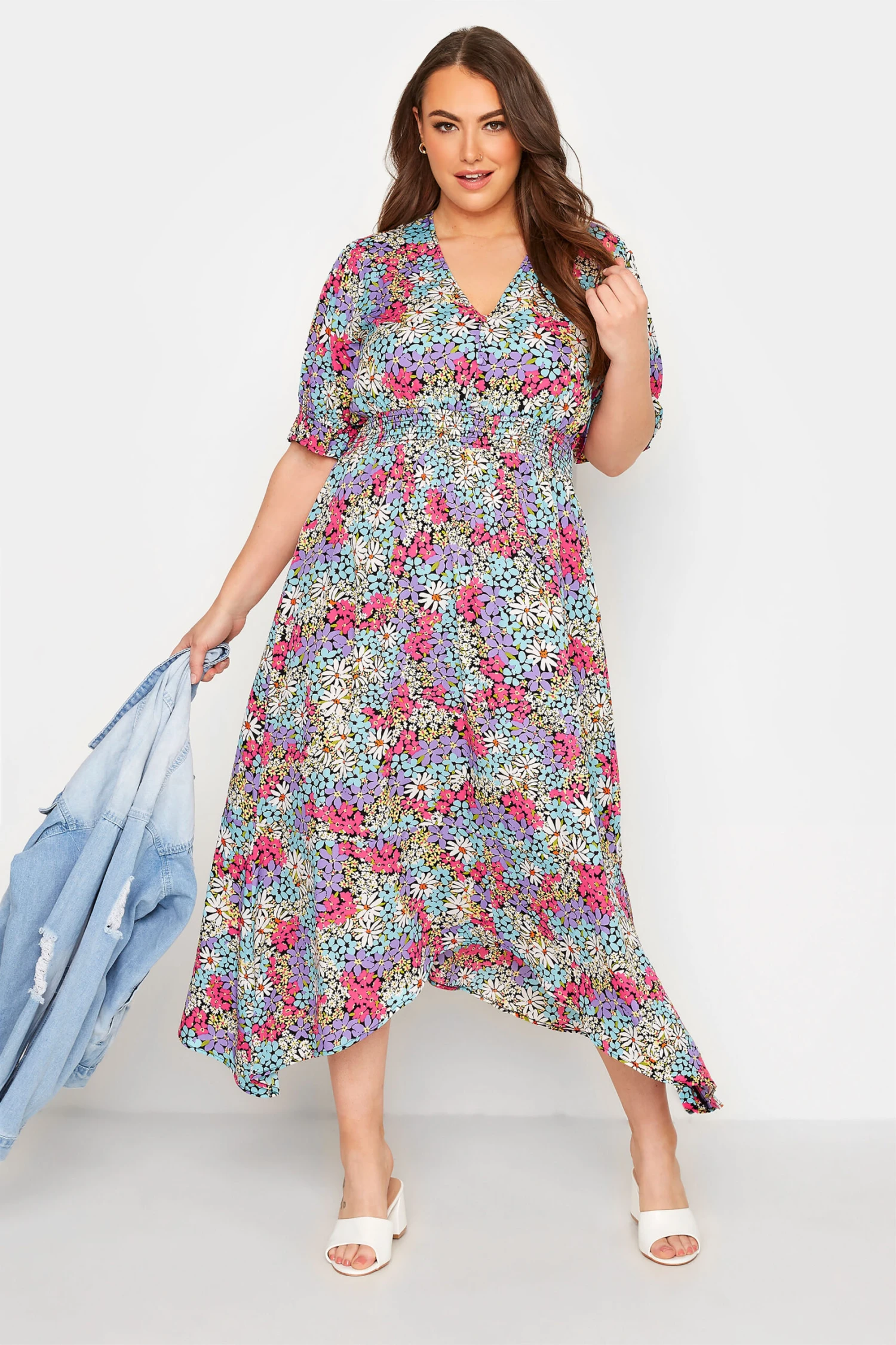 LIMITED COLLECTION Curve Pink & Blue Ditsy Print Hanky Hem Midi Dress 1 LIMITED COLLECTION Curve Pink & Blue Ditsy Print Hanky Hem Midi Dress