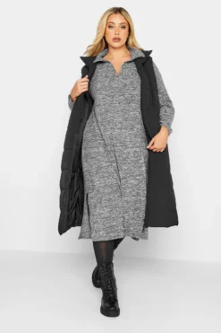 YOURS Curve Grey Marl Textured Soft Touch Open Collar Midi Dress