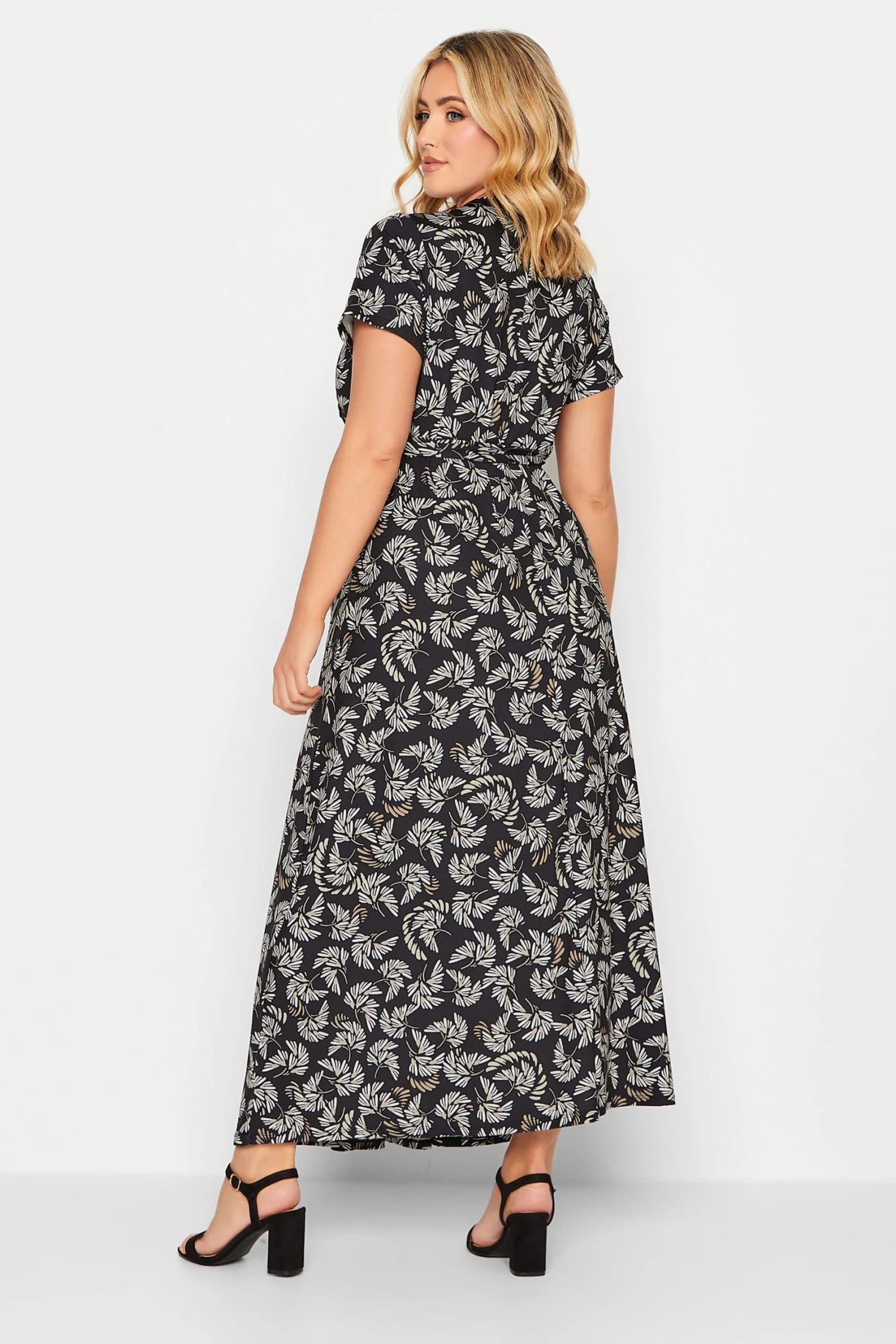 YOURS Curve Black Leaf Print Maxi Wrap Dress 2 YOURS Curve Black Leaf Print Maxi Wrap Dress - Image 2