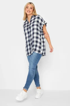 YOURS Curve Navy Blue Check Print Frill Sleeve Collared Shirt
