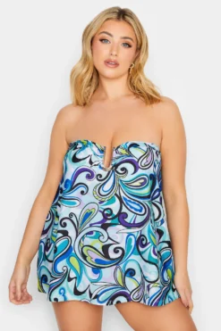 YOURS Curve Blue Retro Swirl Print Tankini Top