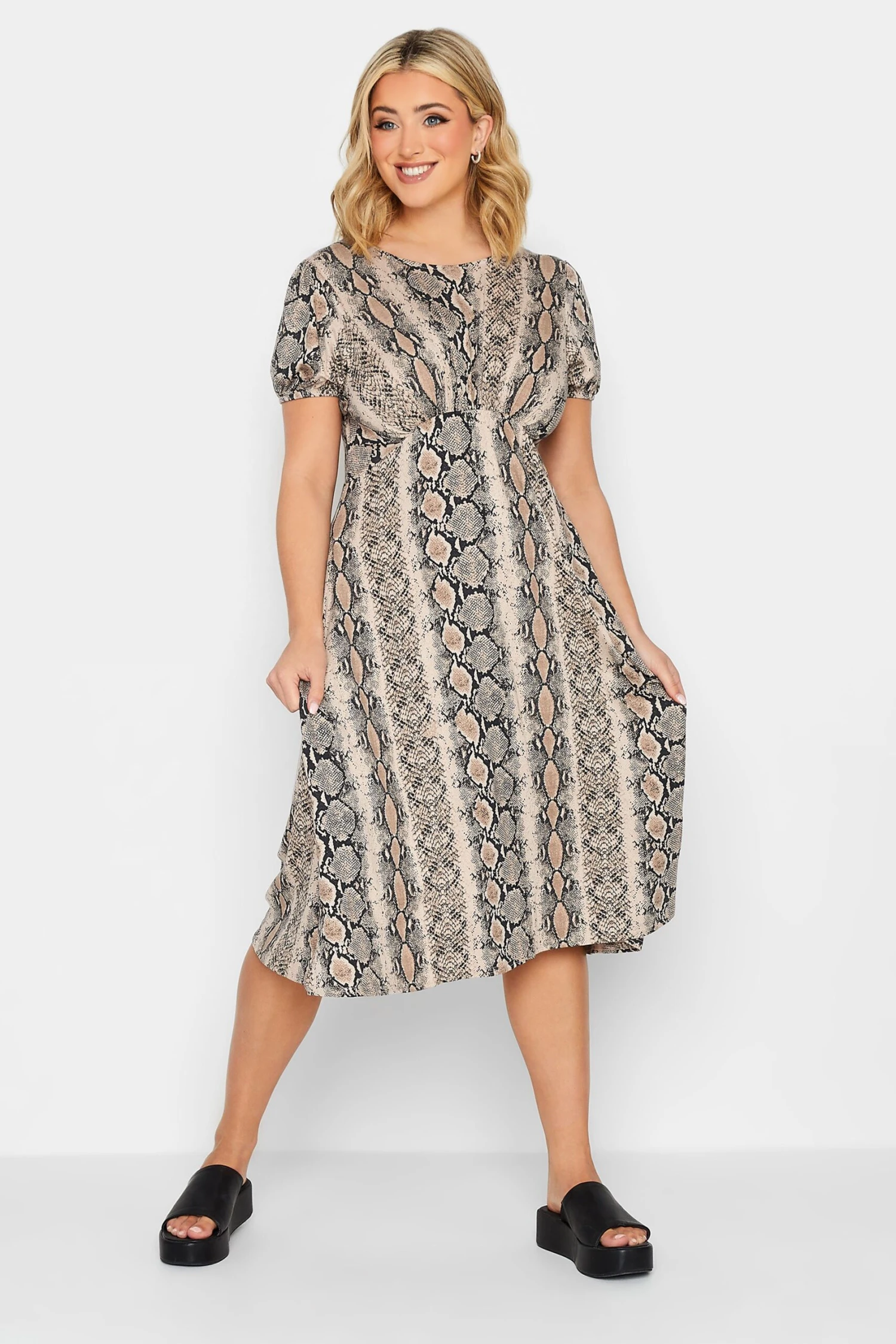 YOURS PETITE Curve Black Snake Print Midi Dress 1 YOURS PETITE Curve Black Snake Print Midi Dress