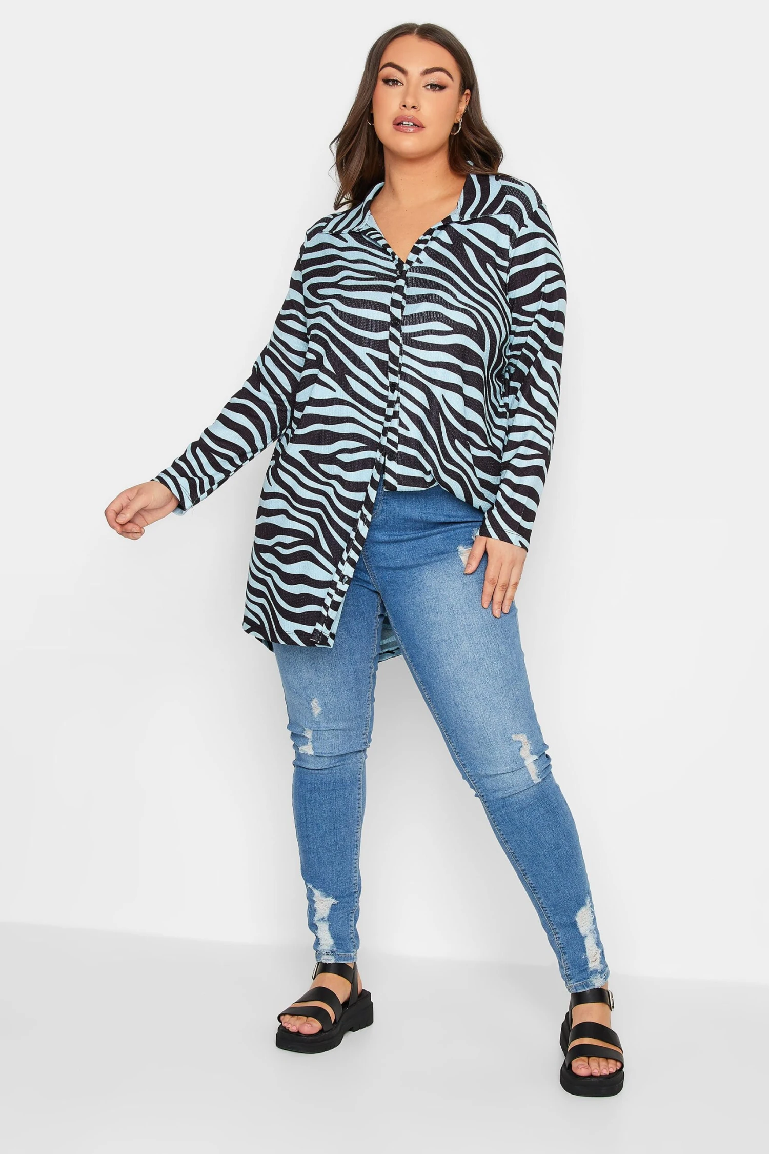 YOURS Curve Blue & Black Zebra Print Shirt 1 YOURS Curve Blue & Black Zebra Print Shirt