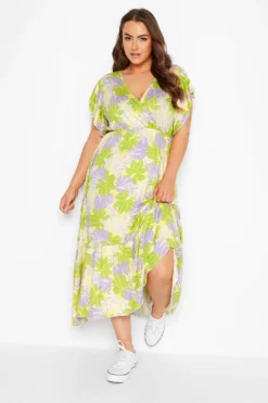 YOURS Curve Yellow Leaf Print Tiered Midaxi Dress
