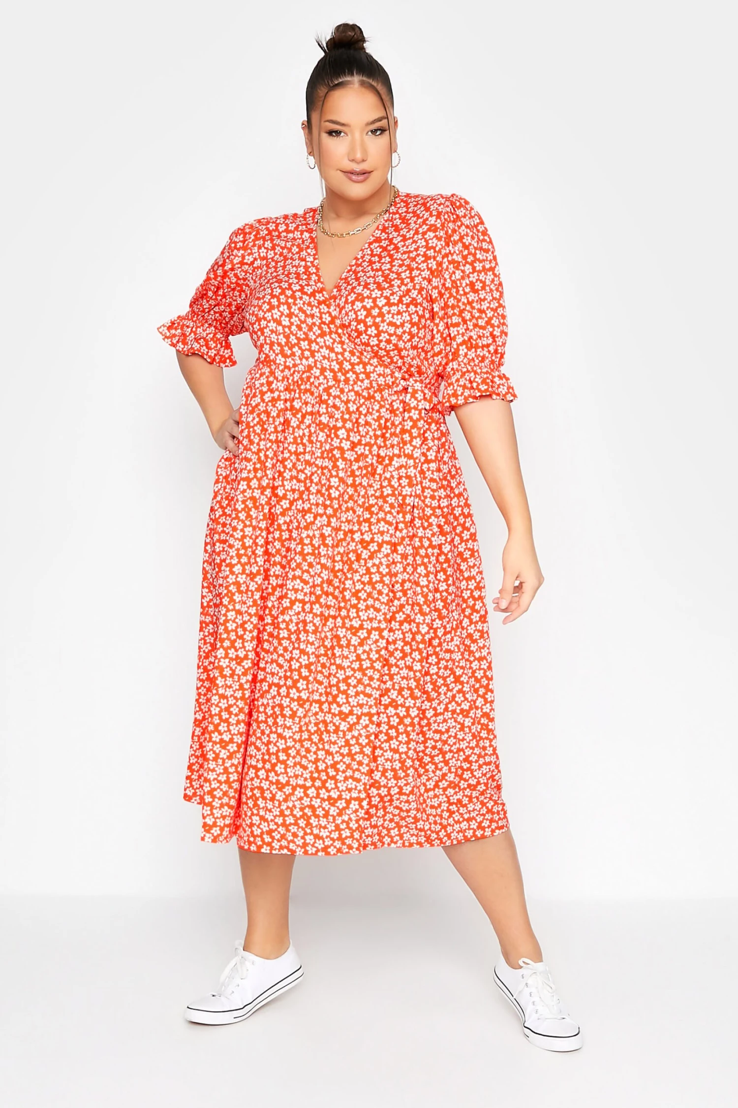 LIMITED COLLECTION Curve Orange Ditsy Wrap Dress 1 LIMITED COLLECTION Curve Orange Ditsy Wrap Dress