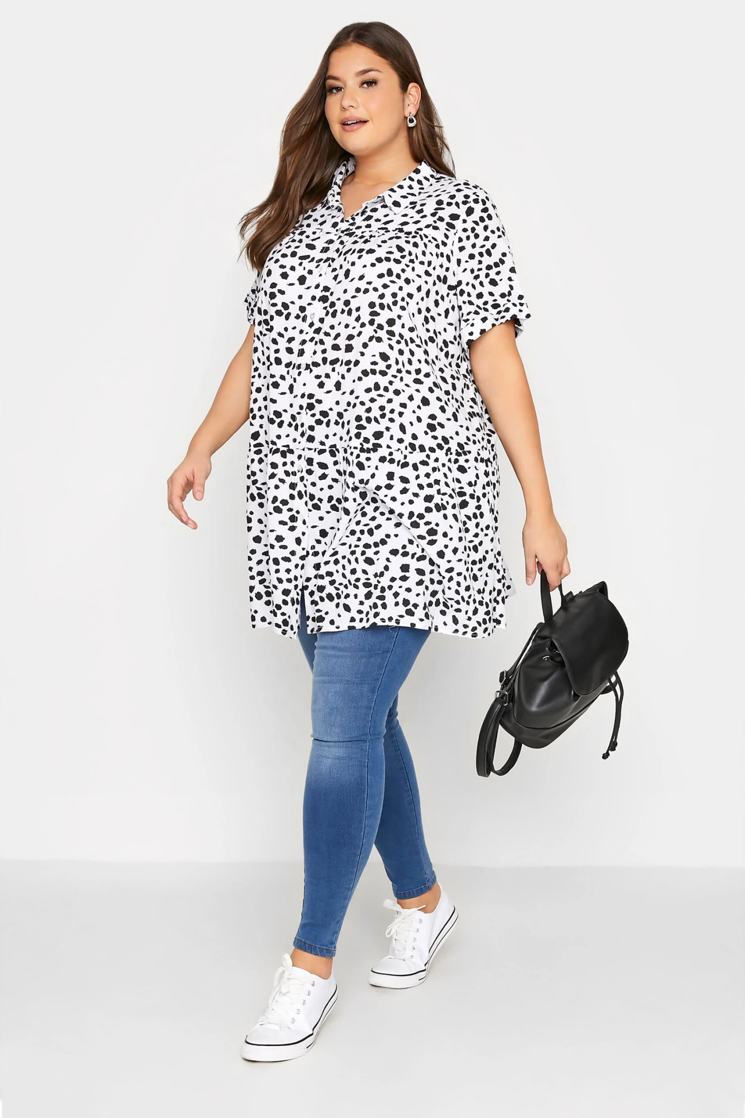 YOURS Curve White Dalmatian Print Tiered Short Sleeve Shirt 1 YOURS Curve White Dalmatian Print Tiered Short Sleeve Shirt