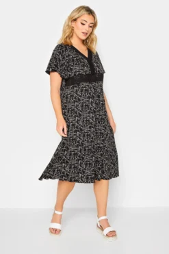 YOURS Curve Black Floral V-Neck Lace Midi Dress