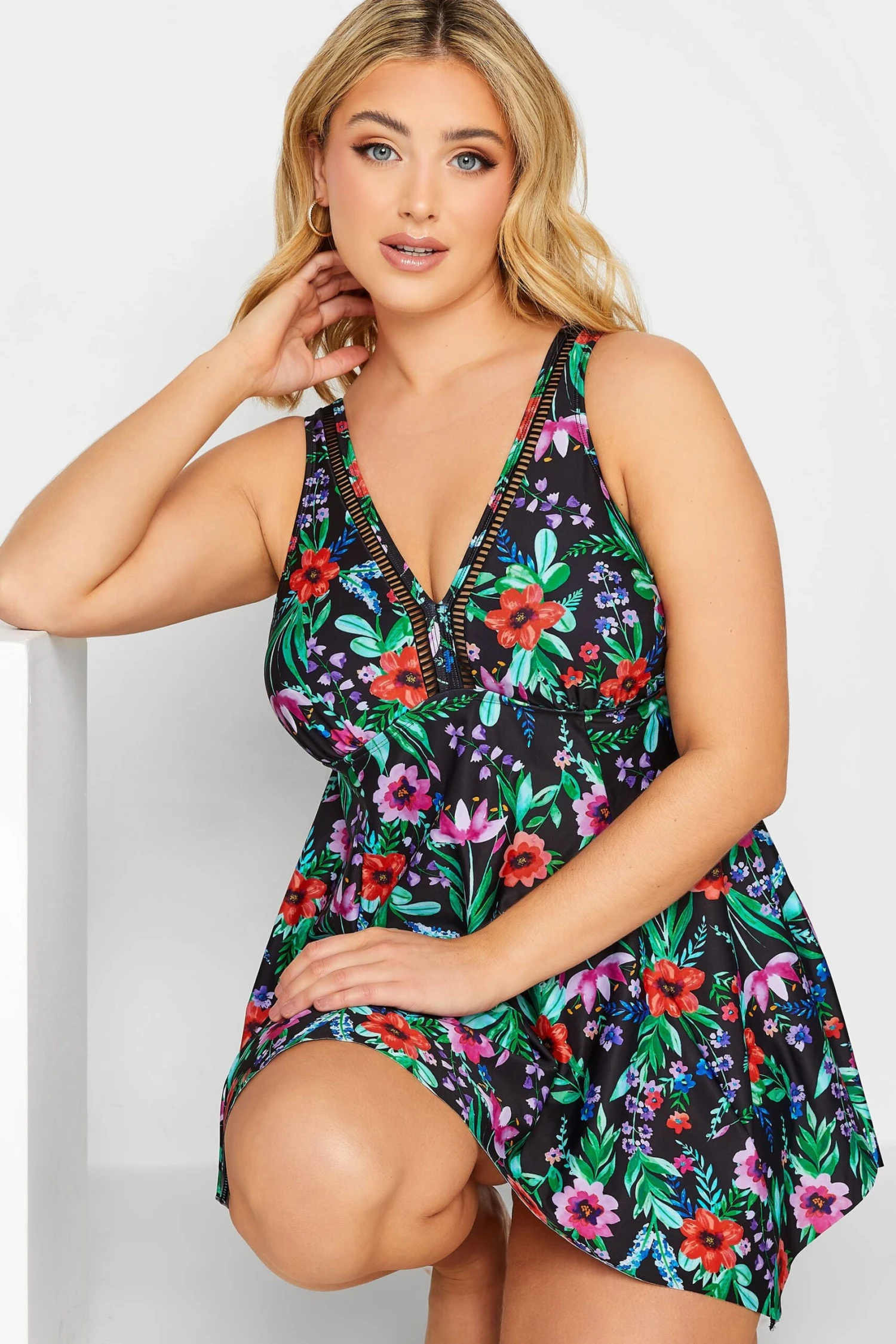 YOURS Curve Black Floral Print Tummy Control Swim Dress 3 YOURS Curve Black Floral Print Tummy Control Swim Dress - Image 3