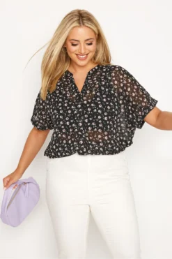 YOURS Curve Black Floral Chiffon Grown On Sleeve Shirt