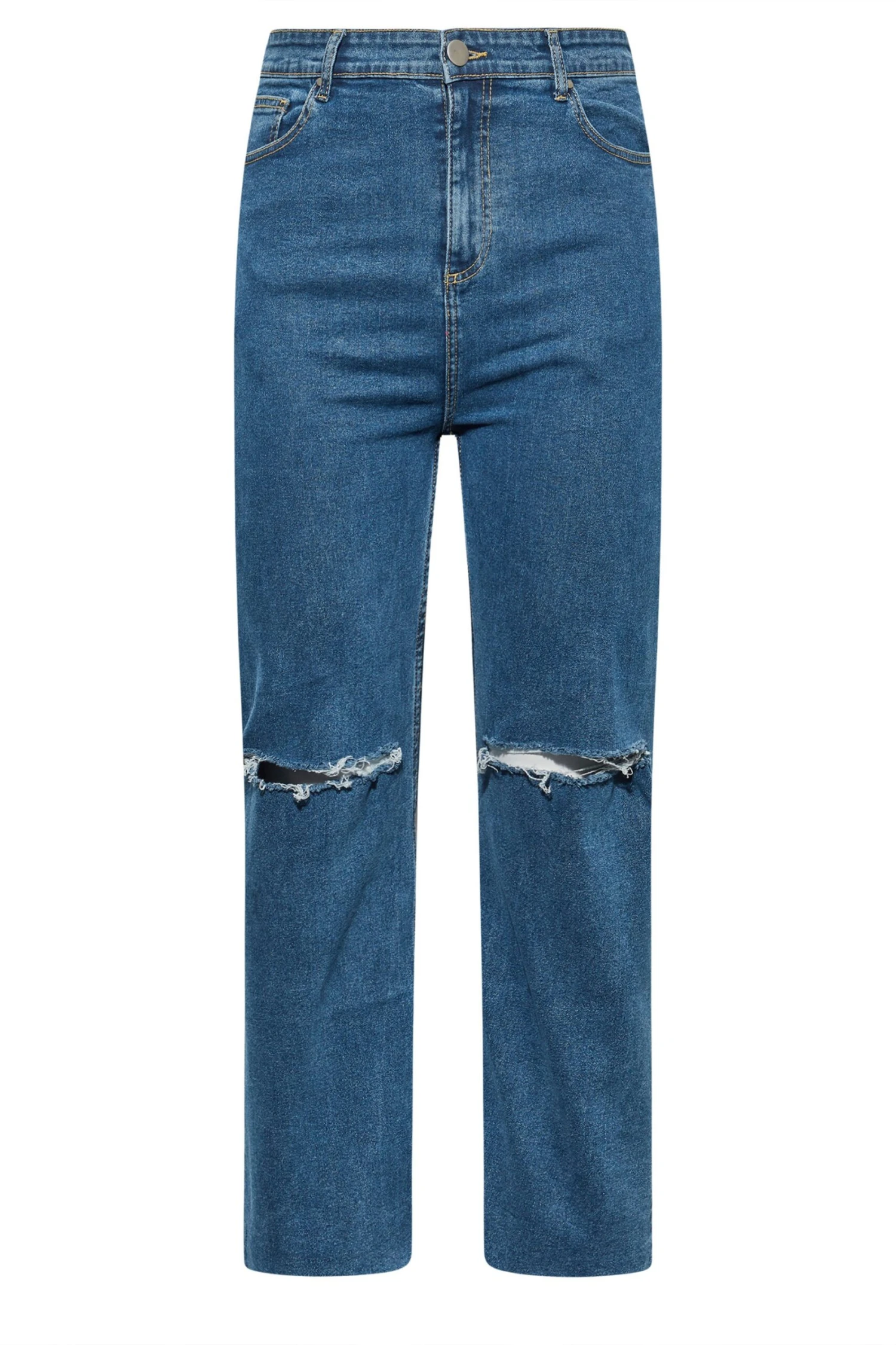 YOURS Curve Mid Blue Ripped Stretch Wide Leg Jeans 4 YOURS Curve Mid Blue Ripped Stretch Wide Leg Jeans - Image 4