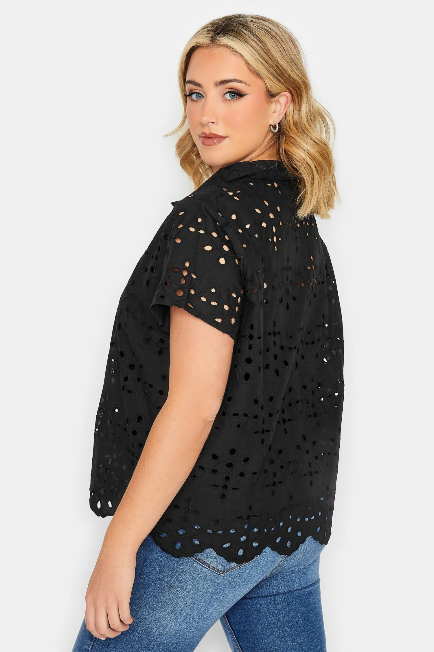 YOURS PETITE Curve Black Broderie Anglaise Short Sleeve Shirt 2 YOURS PETITE Curve Black Broderie Anglaise Short Sleeve Shirt - Image 2
