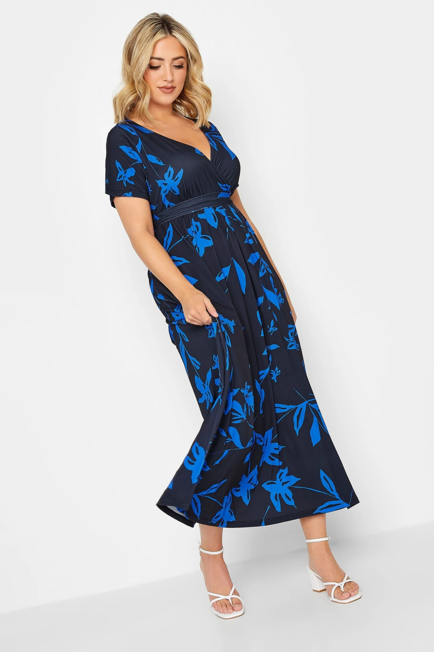 YOURS Curve Cobalt Blue Leaf Print Maxi Wrap Dress 1 YOURS Curve Cobalt Blue Leaf Print Maxi Wrap Dress