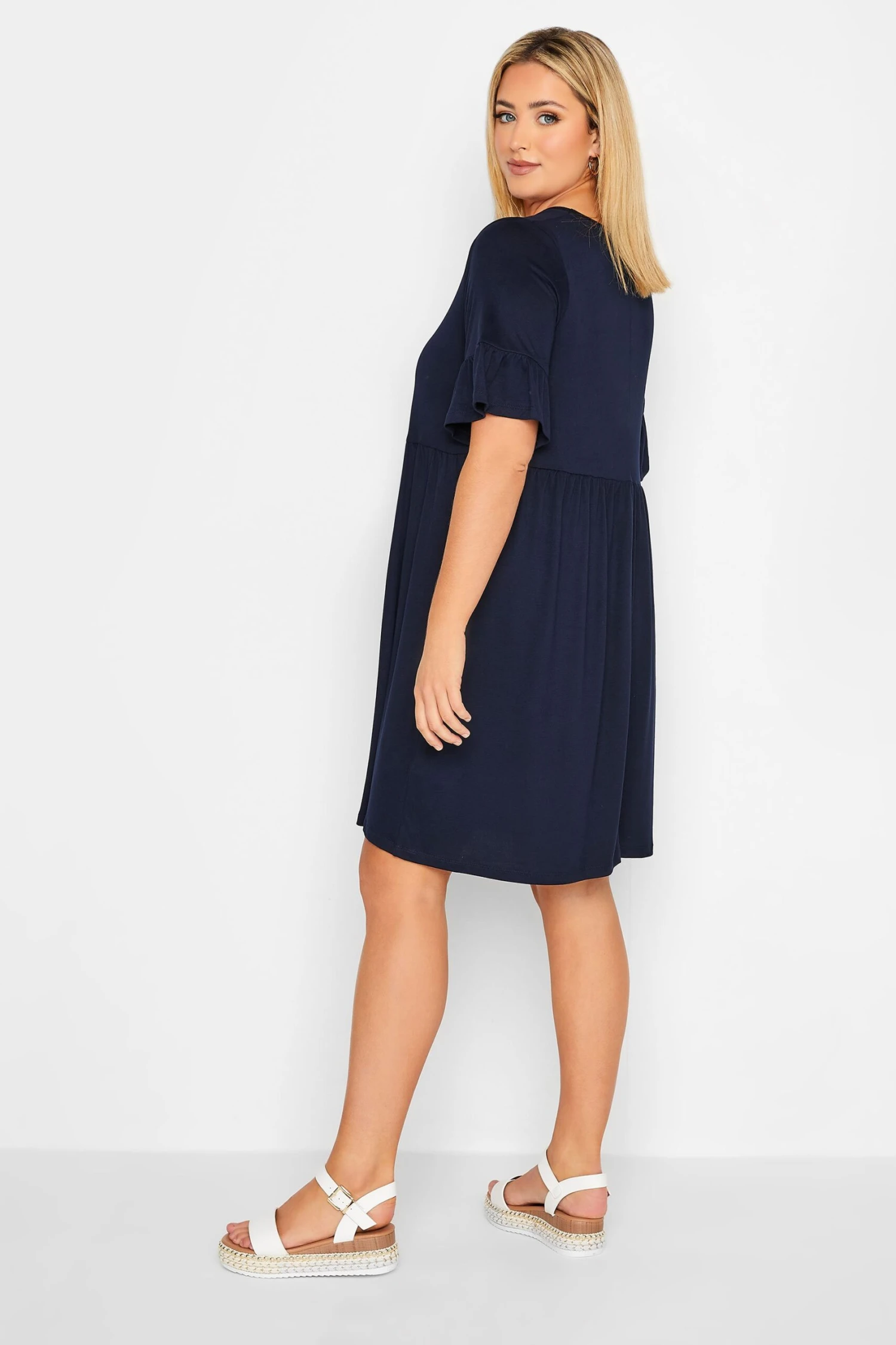 YOURS Curve Navy Blue Frill Sleeve Smock Dress 2 YOURS Curve Navy Blue Frill Sleeve Smock Dress - Image 2