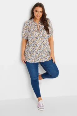 YOURS Curve White & Purple Floral Print Tie Neck Blouse