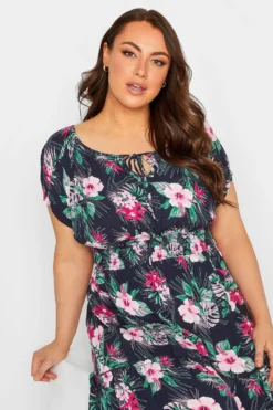 YOURS Curve Navy Blue Tropical Print Bardot Maxi Dress -Outlet Stylo Wise Store 8042f73d 501a 4b 137323 D scaled