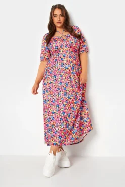 LIMITED COLLECTION Curve Pink Floral Print Tie Front Maxi Dress