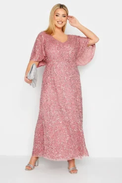 LUXE Curve Pink Hand Embellished Angel Sleeve Maxi Dress