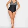 YOURS Curve Black Geometric Print Plunge Tummy Control Swimsuit