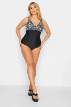 YOURS Curve Black Geometric Print Plunge Tummy Control Swimsuit