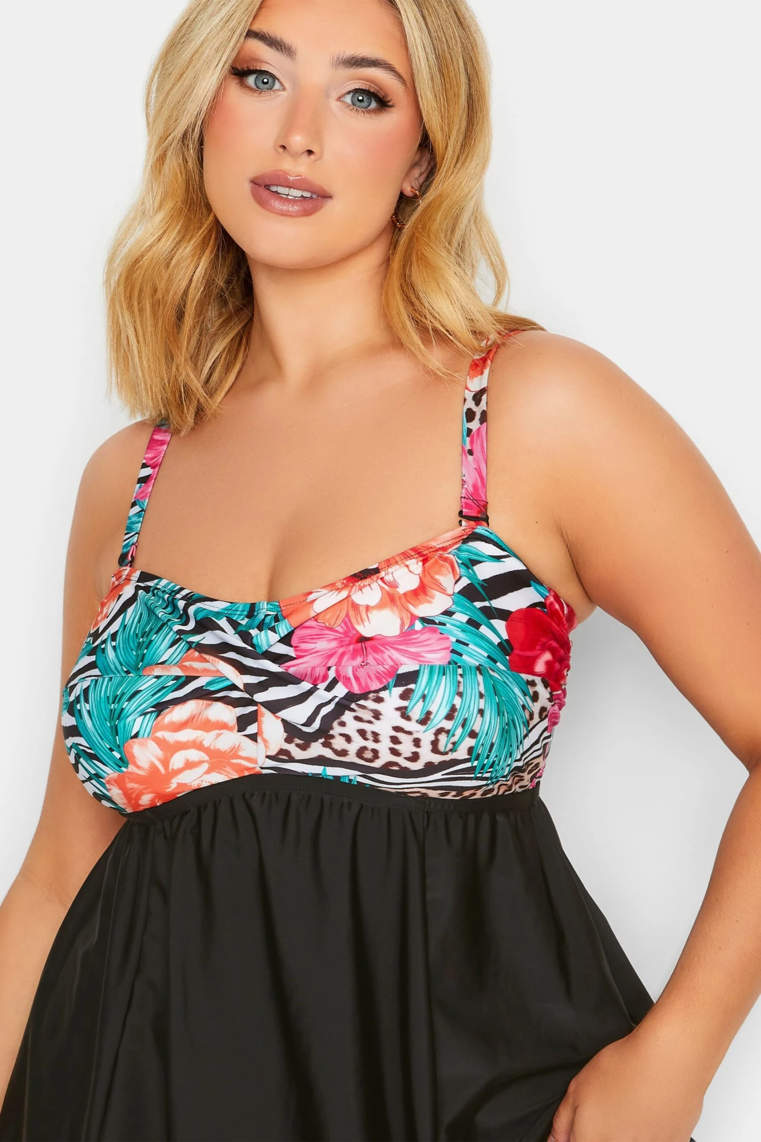 YOURS Curve Black Tropical Print Hanky Hem Swimdress 3 YOURS Curve Black Tropical Print Hanky Hem Swimdress - Image 3